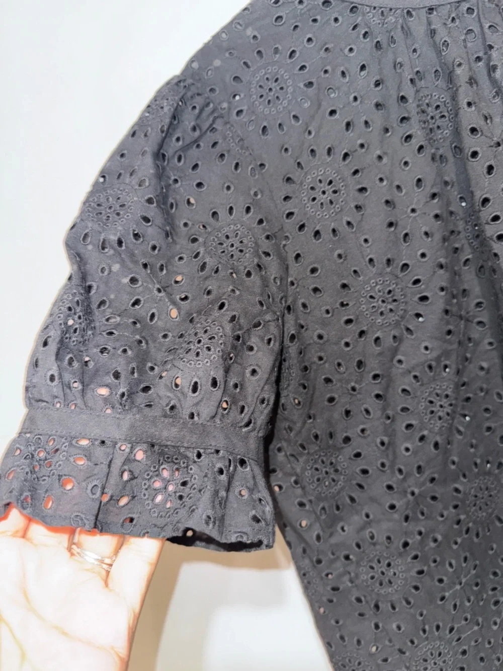 Madewell Black Eyelet Ruffle-Neck Puff Sleeve Top